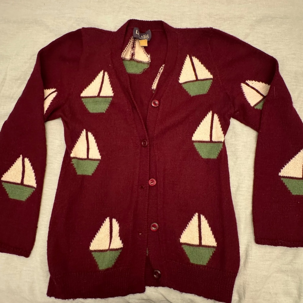 Modcloth quirky sailboat burgundy alpaca cardigan, xs